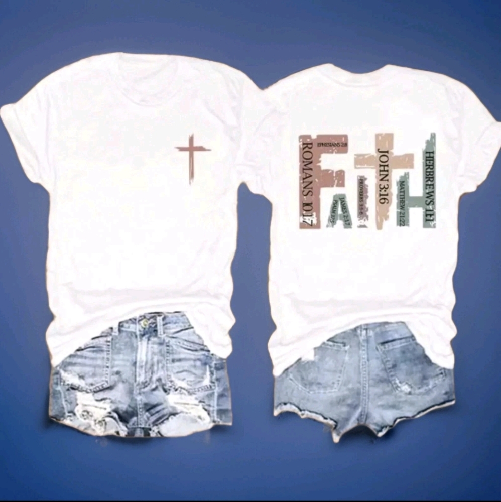 9 Piece Top and Clips Shirt Outfit Christian White Brown Green Print T-shirt